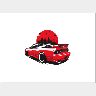 Red S13 Back Coupe City Skyline Posters and Art